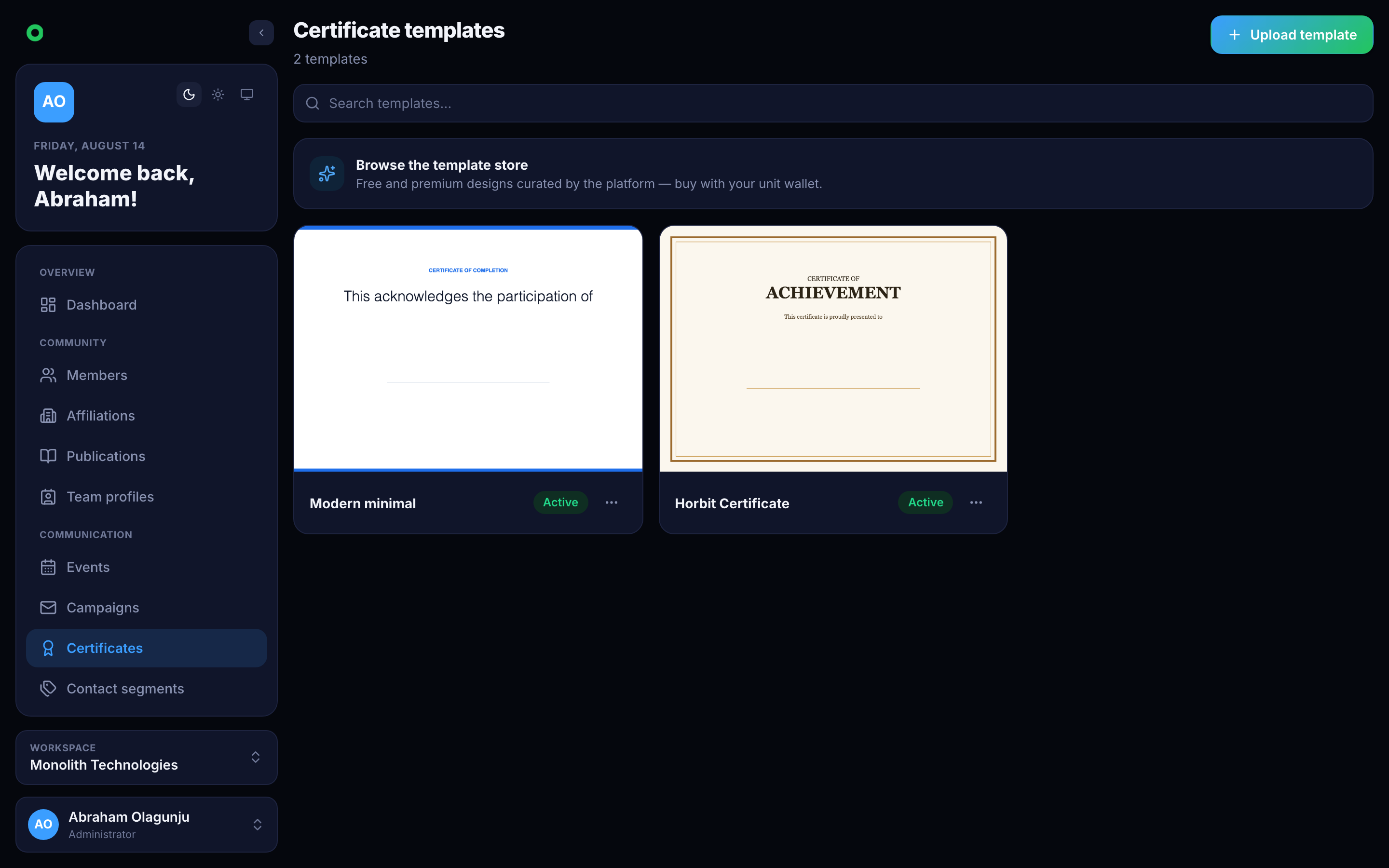 Certificate templates
