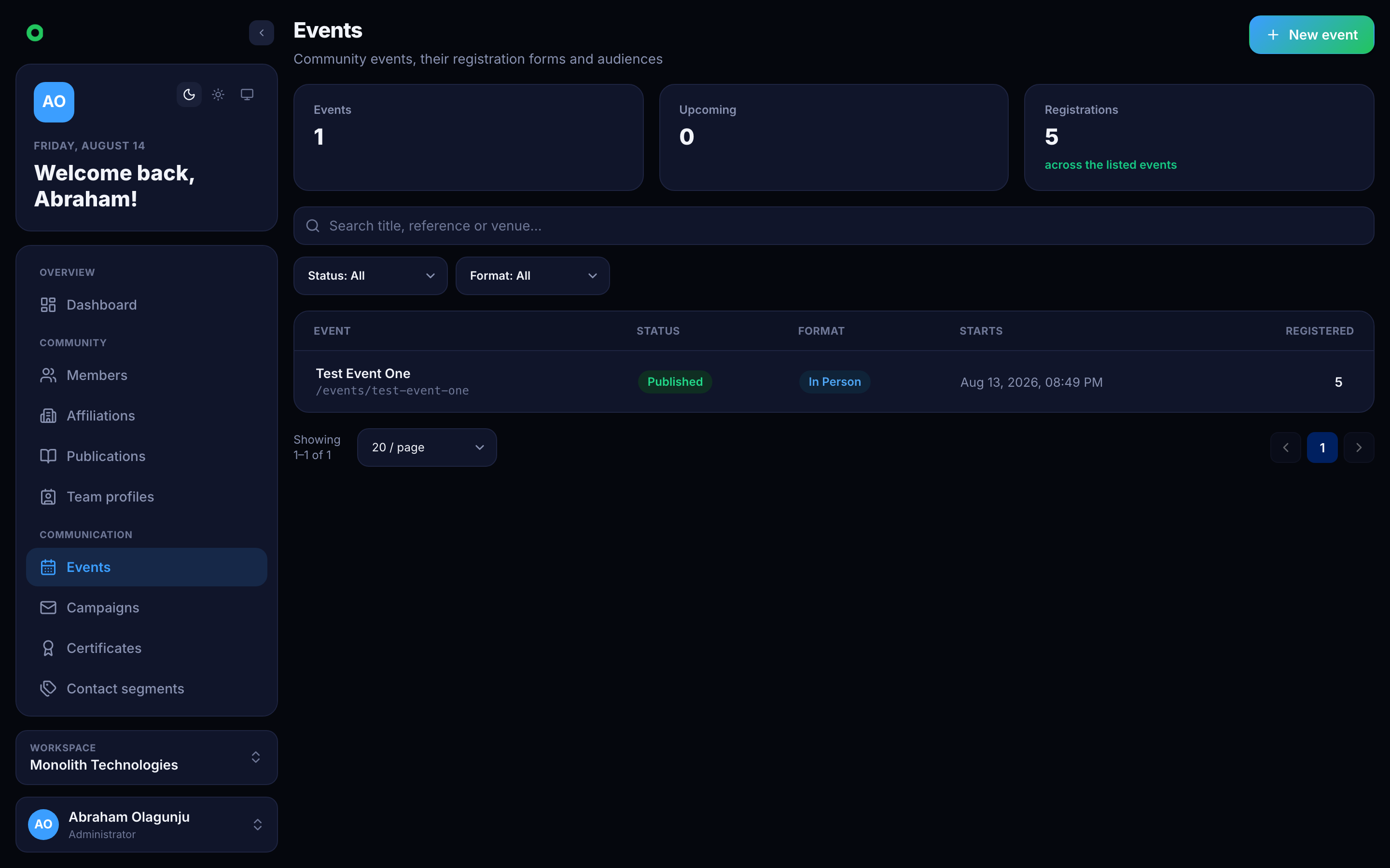 The events list