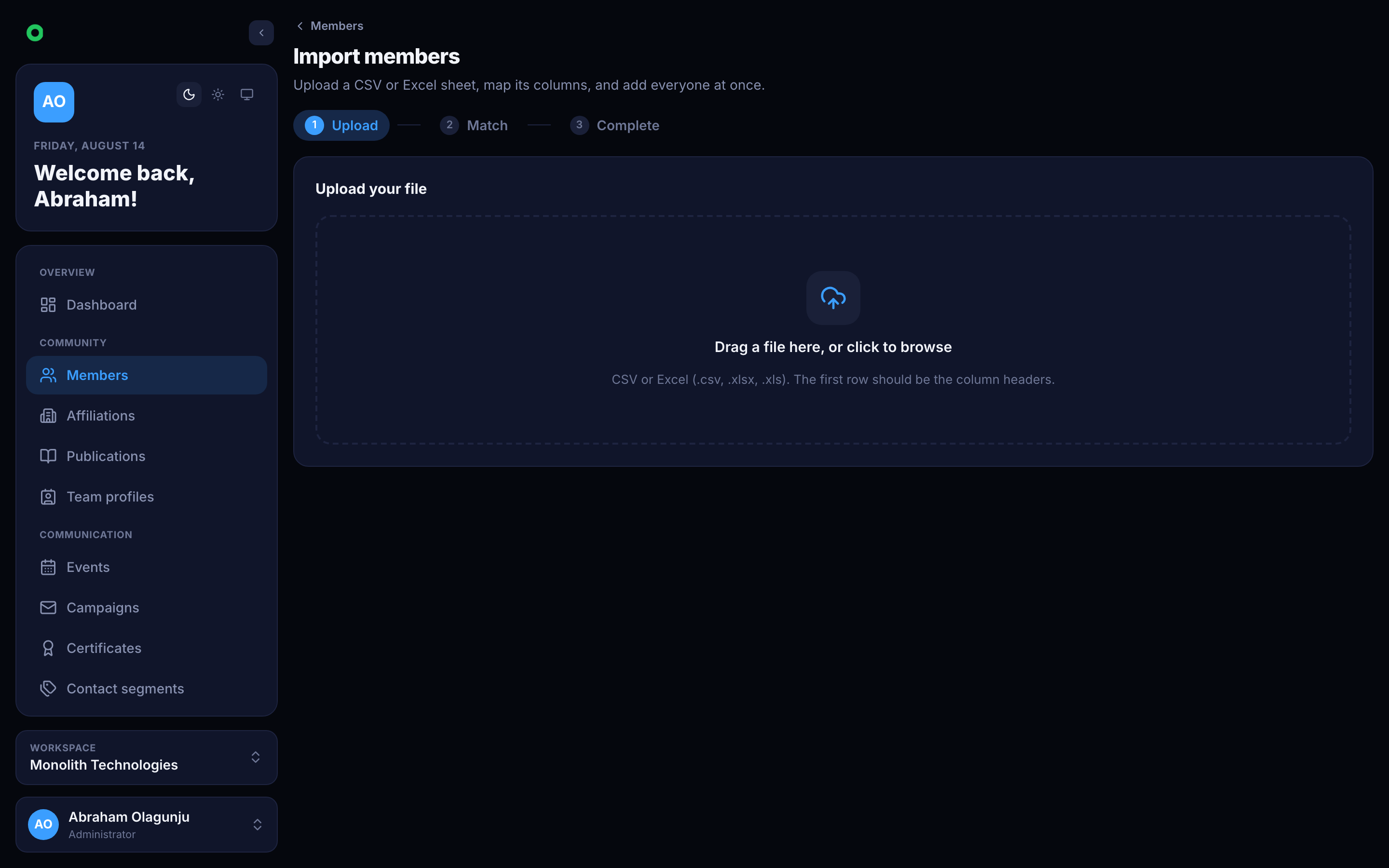 The member import screen